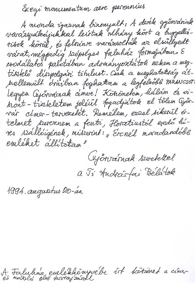 A győvári faluház emlékkönyvébe írt köszönet